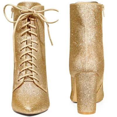 Perphy Women's Glitter Pointed Toe Block Heel Ankle Boots 1 Perphy Women's Glitter Pointed Toe Block Heel Ankle Boots