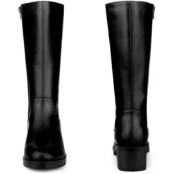 Perphy Women's Round Toe Side Zip Low Chunky Heels Mid Calf Boots