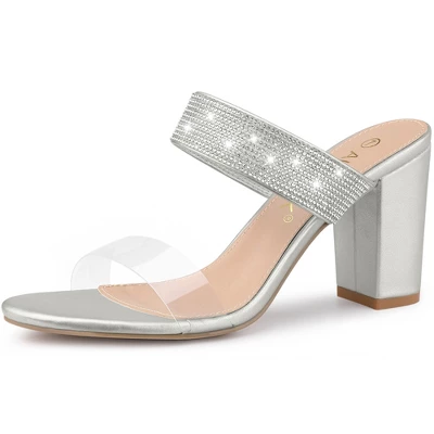 Allegra K Women's Clear Strap Rhinestones Heel Chunky Heels Slide Sandals 7 Allegra K Women's Clear Strap Rhinestones Heel Chunky Heels Slide Sandals - Image 7