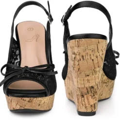 Perphy Platform Heels Lace Bow Slingback Wedge Sandals For Women