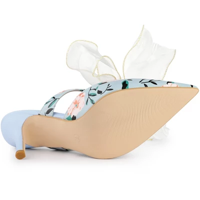 Allegra K Women's Floral Printed Lace Strap Stiletto Heels Mules 4 Allegra K Women's Floral Printed Lace Strap Stiletto Heels Mules - Image 4