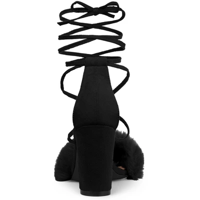 Allegra K Women's Faux Fur Lace Up Strappy Chunky Heels Sandals 3 Allegra K Women's Faux Fur Lace Up Strappy Chunky Heels Sandals - Image 3