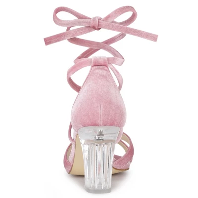 Allegra K Women's Velvet Lace Up Clear Heels Block Heel Sandals 3 Allegra K Women's Velvet Lace Up Clear Heels Block Heel Sandals - Image 3