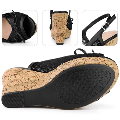Perphy Platform Heels Lace Bow Slingback Wedge Sandals For Women 2 Perphy Platform Heels Lace Bow Slingback Wedge Sandals For Women - Image 2