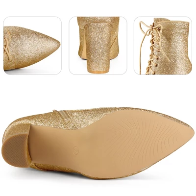 Perphy Women's Glitter Pointed Toe Block Heel Ankle Boots 2 Perphy Women's Glitter Pointed Toe Block Heel Ankle Boots - Image 2