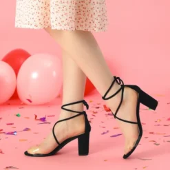 Perphy Women's Lace Up Strappy Clear Strap Chunky Heel Sandals