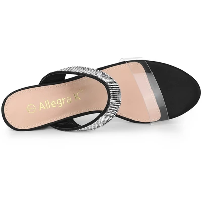 Allegra K Women's Clear Strap Rhinestones Heel Chunky Heels Slide Sandals 3 Allegra K Women's Clear Strap Rhinestones Heel Chunky Heels Slide Sandals - Image 3